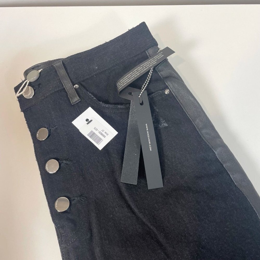 Amiri Leather Denim Crop Flare Jeans Button Fly Black 27 Distressed Hi-Rise NWT - Picture 4 of 12
